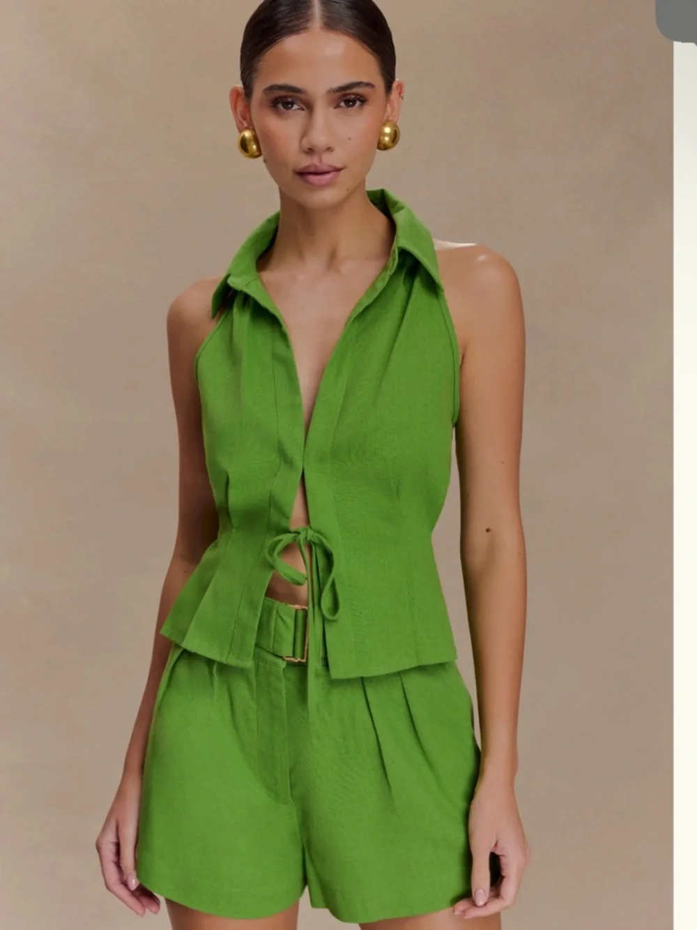 Meshki Green Collared Sleeveless Top and Shorts - Picture 3 of 8